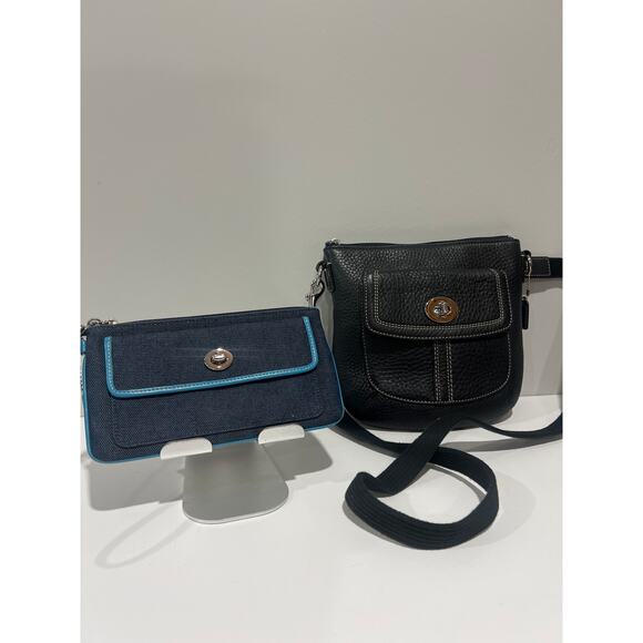 Coach 2-Piece Set – Black Pebbled Leather Crossbody + Blue Canvas Wristlet - Picture 7 of 10